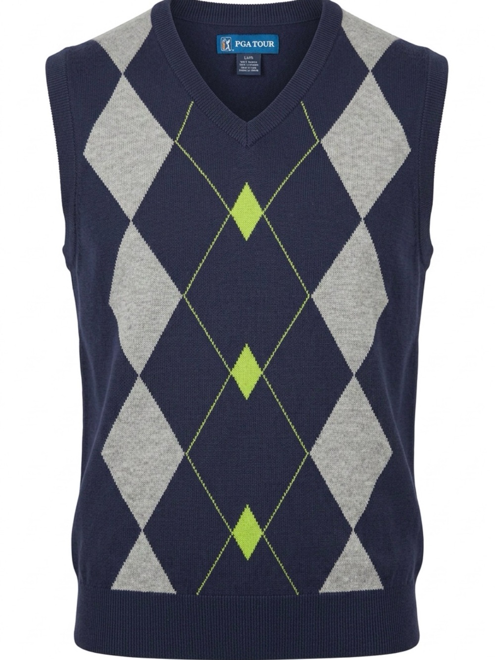 PGA TOUR Men’s Argyle Sweater Vest Navy Gray Lime Green Golf V-Neck 100% Cotton